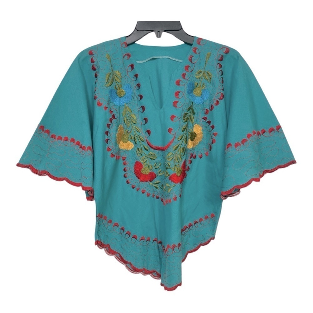 VTG Turquoise Embroidered Floral Mexican Blouse Boho Peasant Top M - Picture 3 of 15
